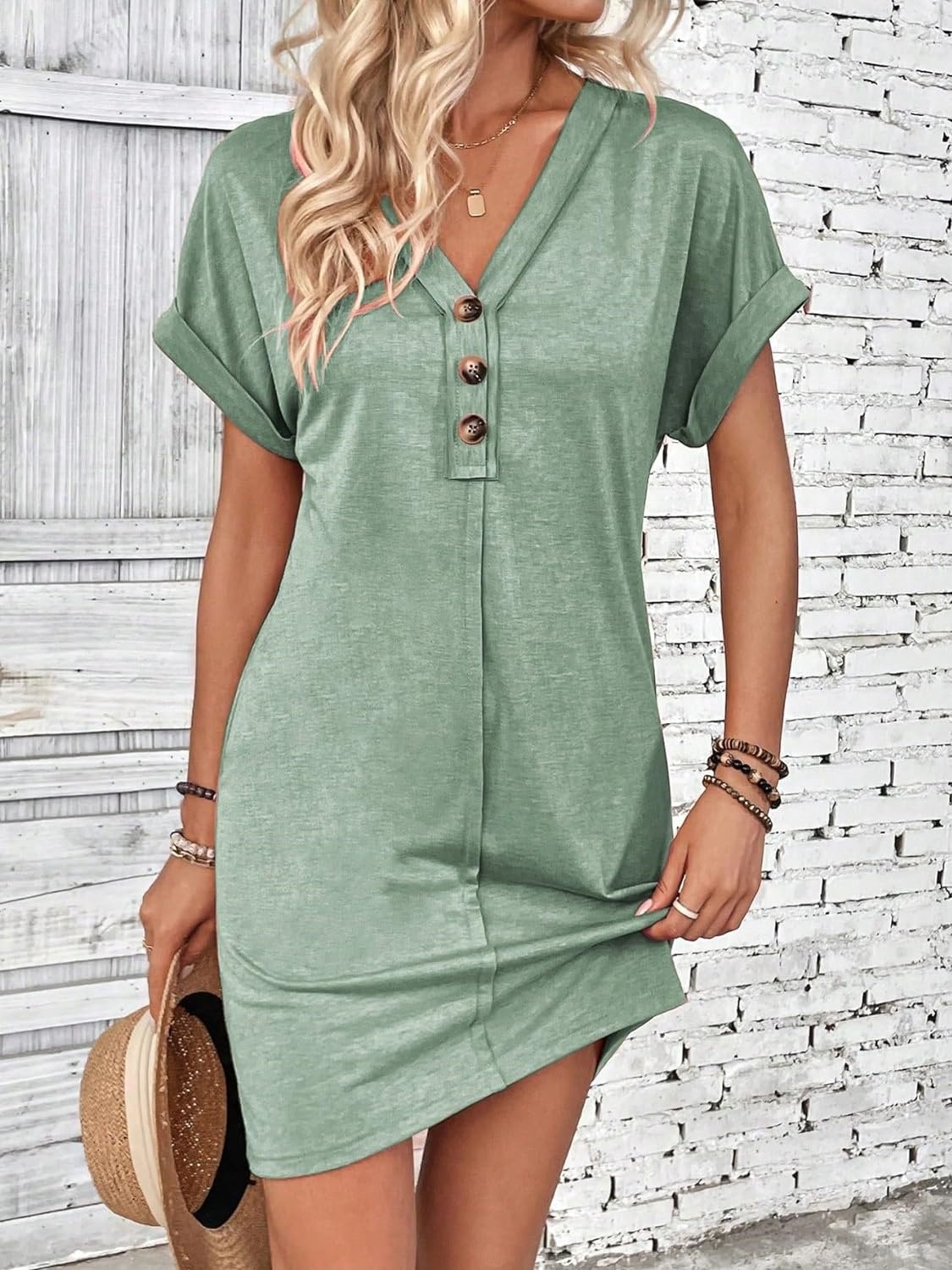 🔥Last Day 50% Off💛Plain V-Neck T-Shirt Dress | Women’s Short Sleeve Batwing Dress with Buttons