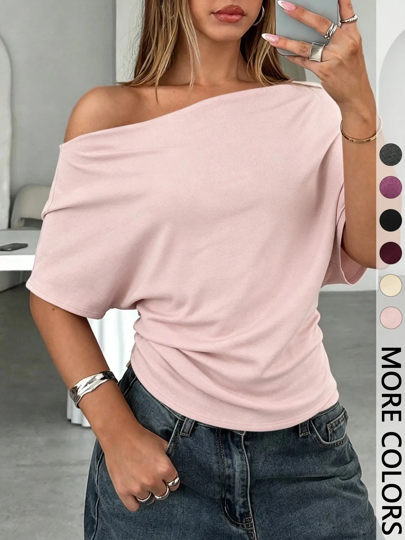 Drop Shoulder Batwing Tee | Asymmetric Neck Knit Top
