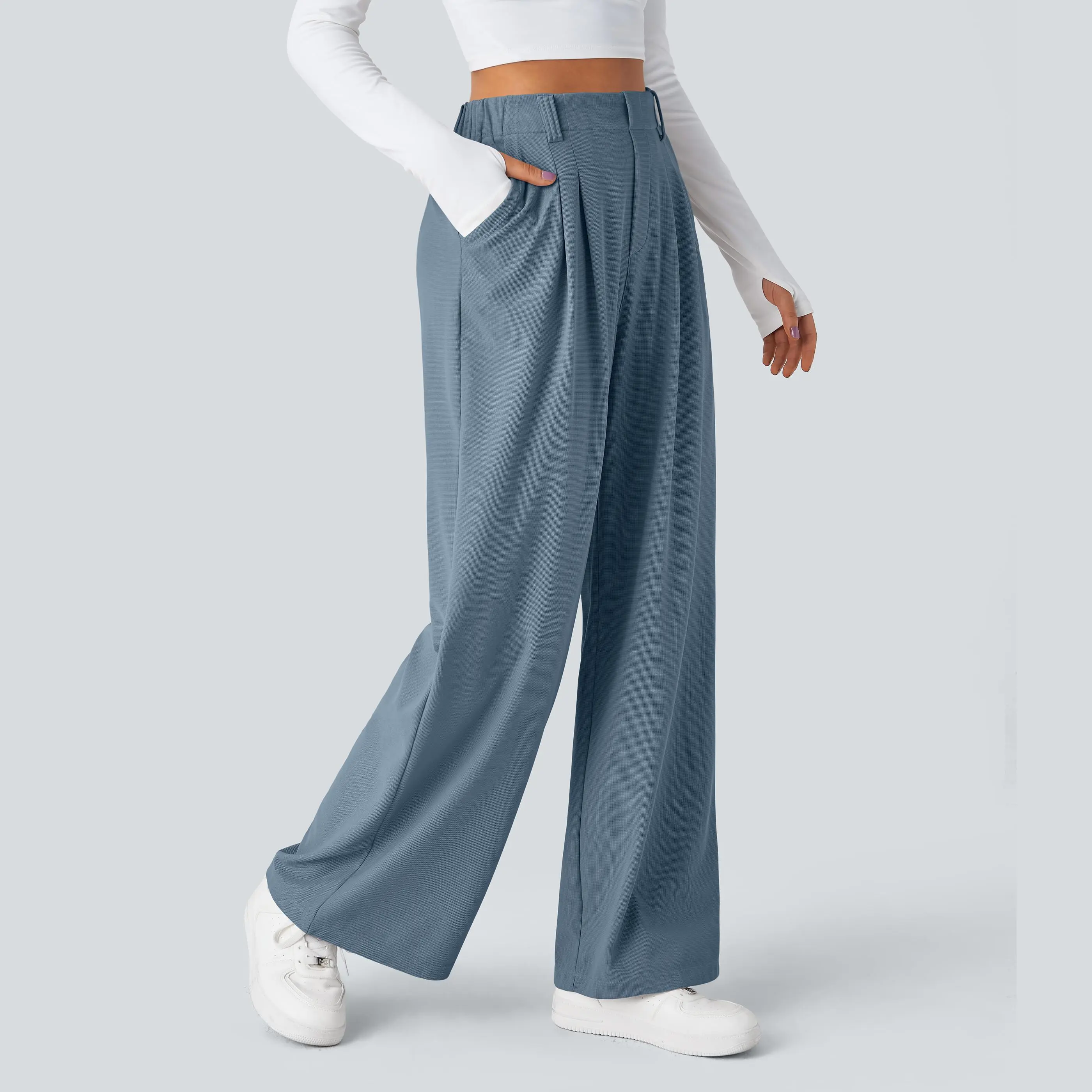 🔥Last Day Only £22.99💛Women‘s Waffle Knit Trousers | High-Rise, Wide Leg, Tummy Flattering🔥Buy 2 Free Shipping& 10% off
