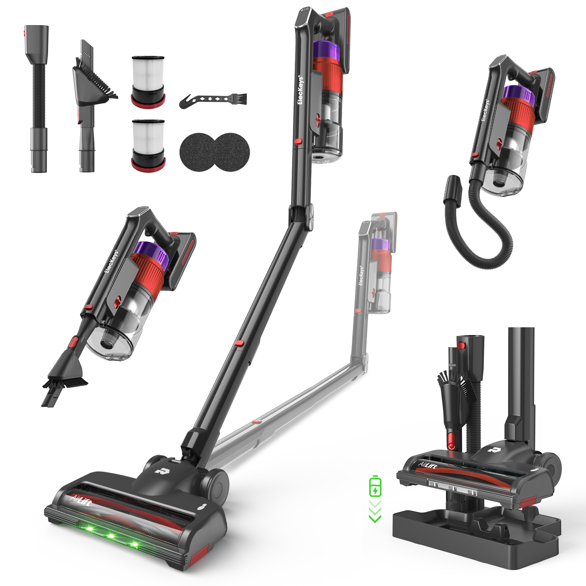 ElecKeys K30 650W Cordless Vacuum Cleaner,55KPa Lightweight Vacuum Cleaners withCharging Dock