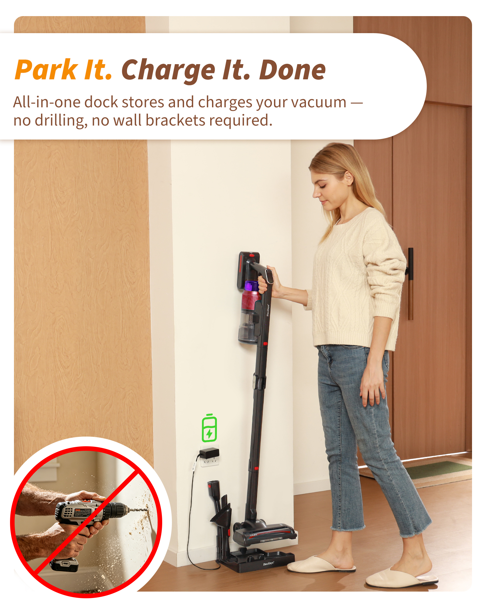 ElecKeys K30 650W Cordless Vacuum Cleaner,55KPa Lightweight Vacuum Cleaners withCharging Dock