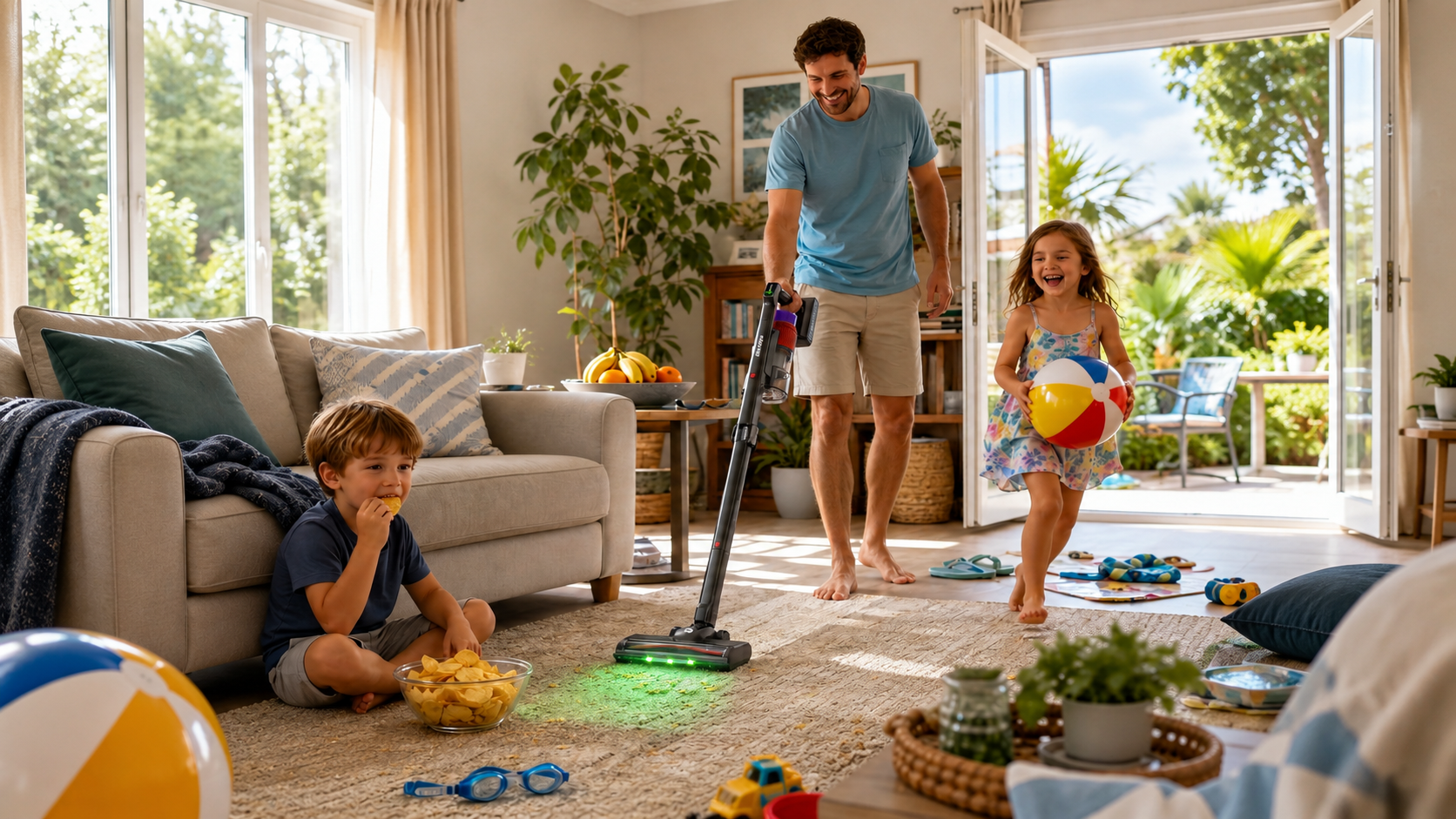 A father vacuuming scattered snacks and toys from a living room rug while his two young children play nearby, highlighting the ease of cleaning up after a family gathering.