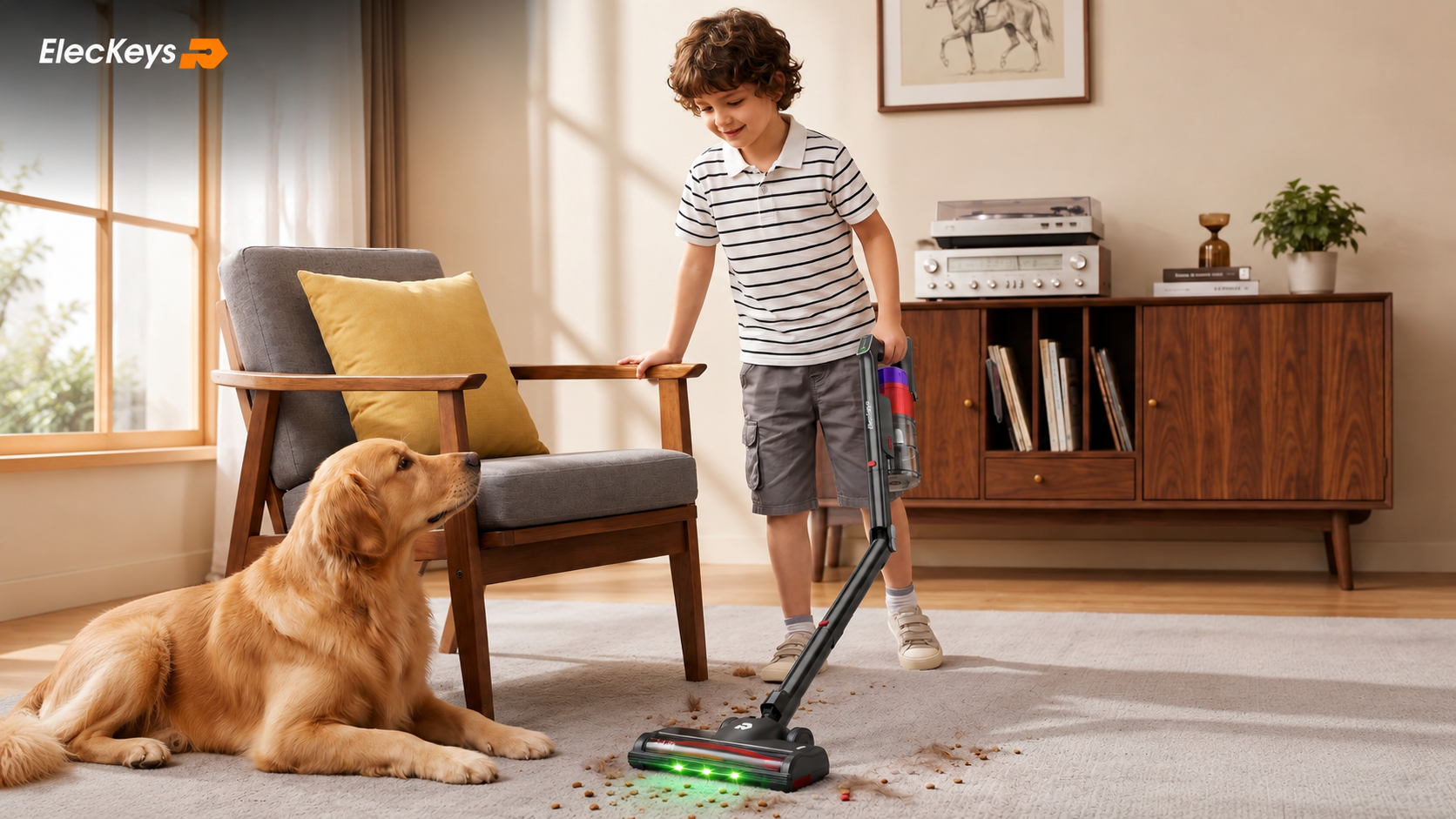 A young boy uses a ElecKeys K30 cordless vacuum with a green LED light to clean up pet hair and kibble on a carpet, while a golden retriever watches nearby. ElecKeys brand. Bright, cozy living room setting.