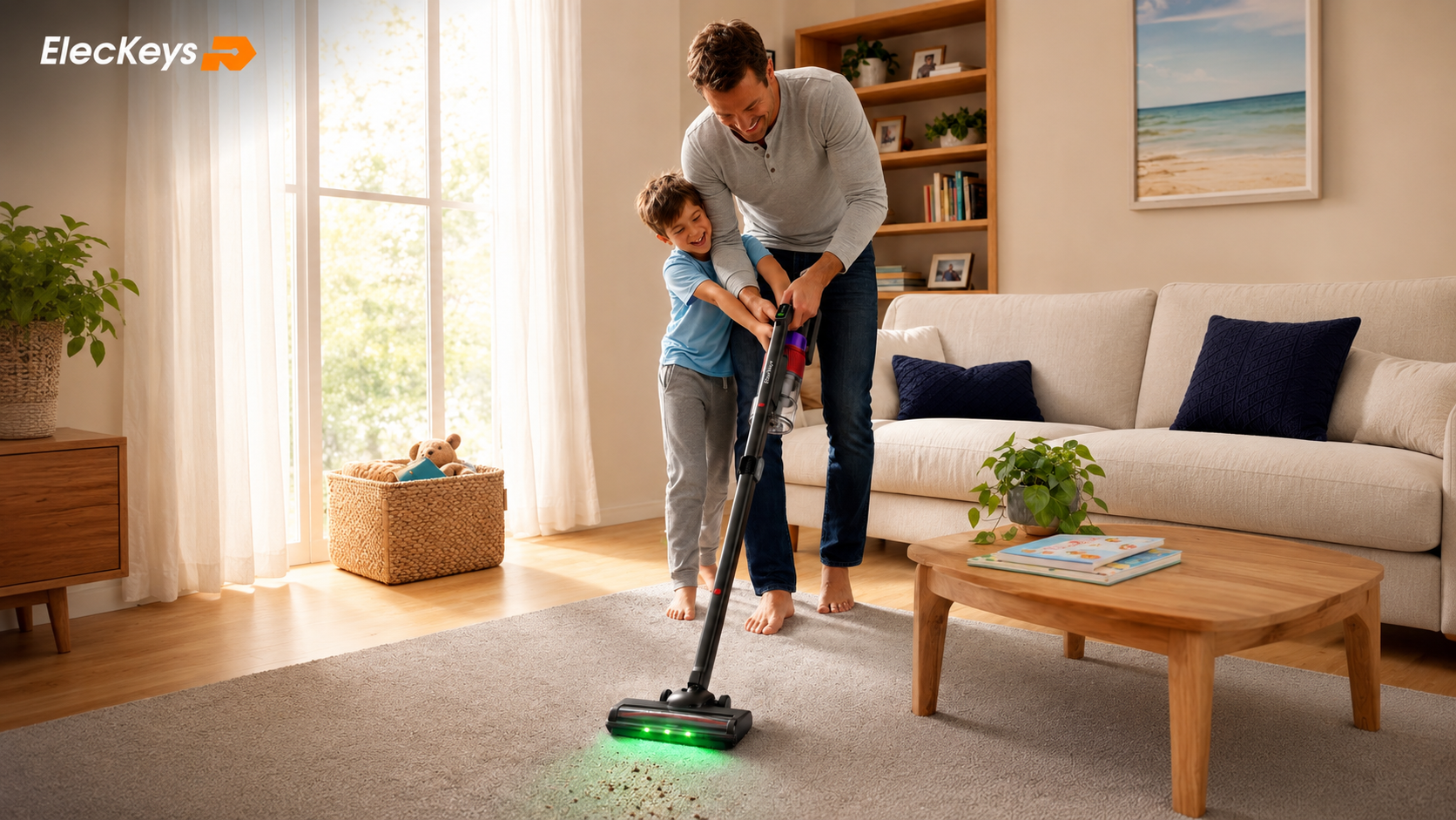 A father and son happily team up to vacuum up crumbs on a carpet using an ElecKeys stick vacuum with a green LED light. Cozy living room, bright windows, and a basket of toys in the background.