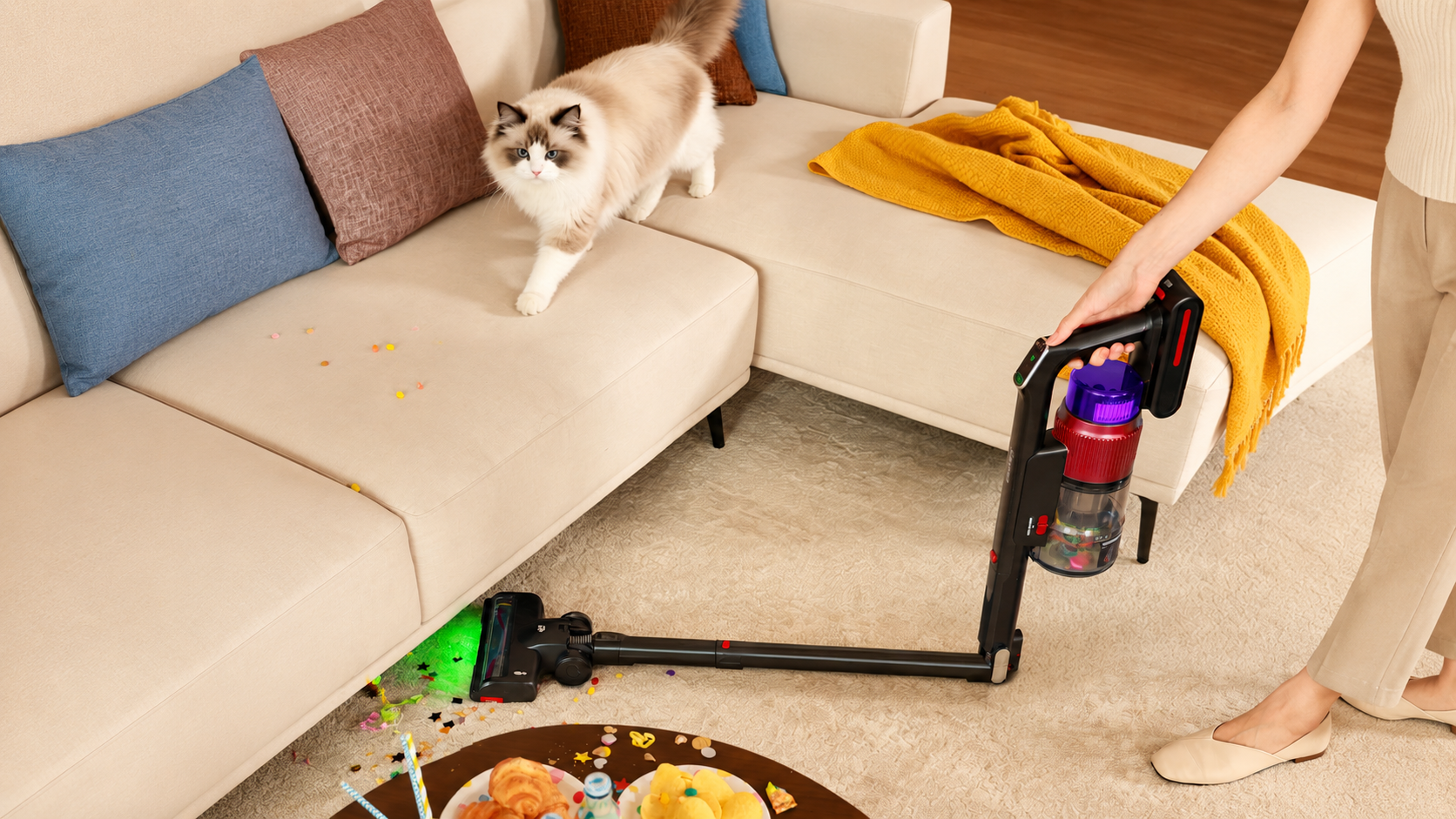 Woman cleaning under a sofa with the ElecKeys K30 Foldable Cordless Vacuum. The foldable tube reaches beneath furniture while LED lights reveal hidden debris. A cat walks on the couch as the 55KPa vacuum cleans confetti from the carpet.