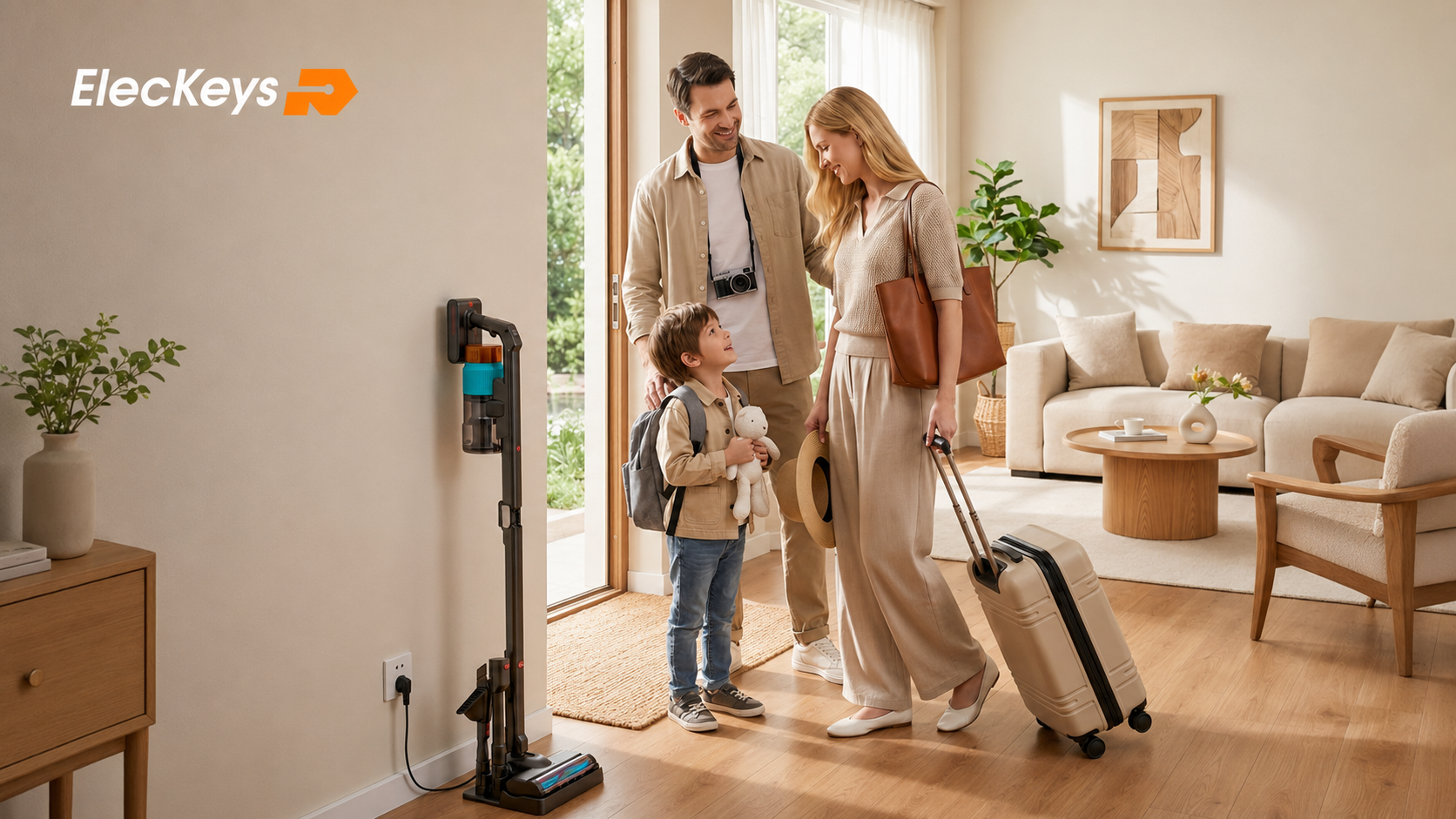 ElecKeys lifestyle scene: A happy family with a child holding a stuffed bunny and a woman pulling a suitcase stand in a bright living room. A cordless stick vacuum is mounted on the wall nearby.