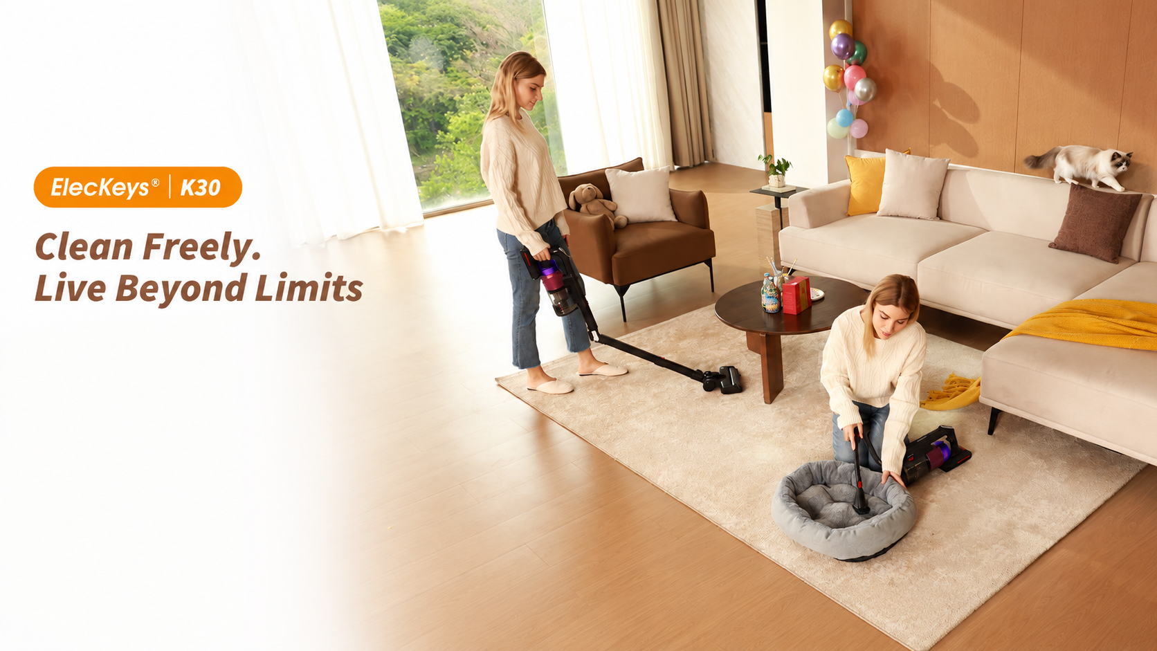 ElecKeys K30 cordless vacuum cleaner in a modern living room with a woman cleaning carpet and pet bed while a cat relaxes on the sofa. Lightweight stick vacuum with powerful suction and cordless cleaning for pet hair and daily messes.