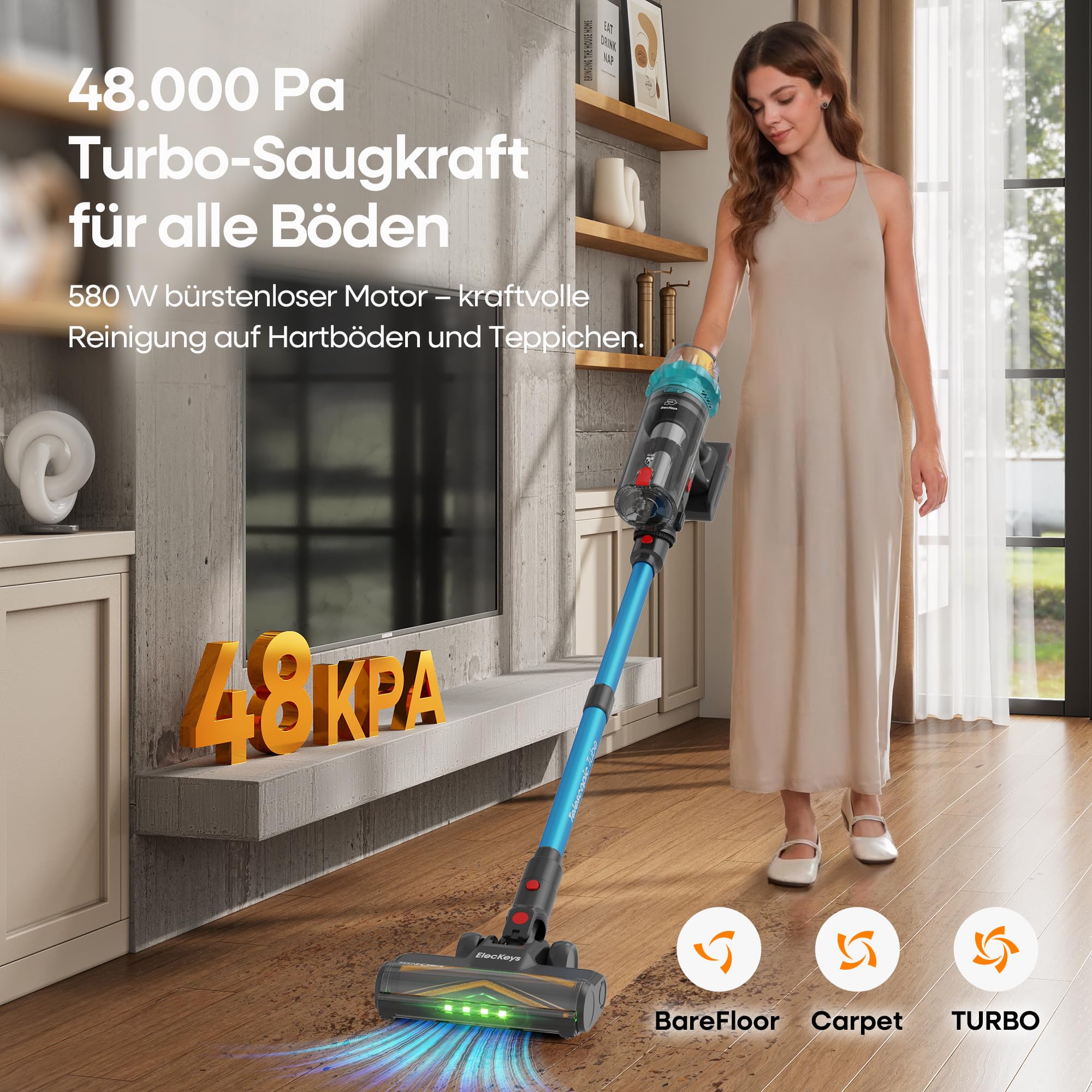 ElecKeys Cordless Vacuum Cleaner, 600W 50KPA 70Mins Self-Standing Vacuum Cleaners for Home, K10