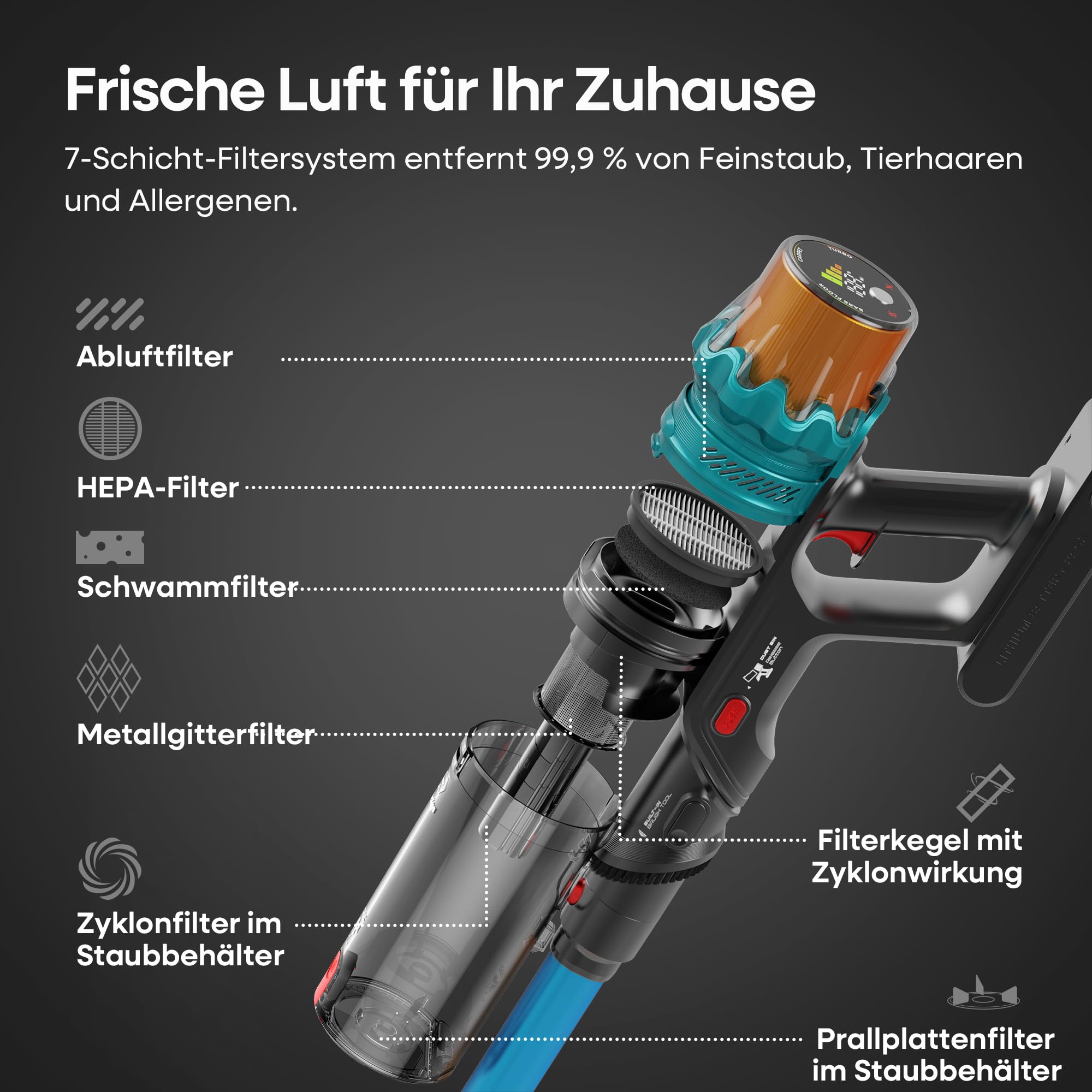 ElecKeys Cordless Vacuum Cleaner, 600W 50KPA 70Mins Self-Standing Vacuum Cleaners for Home, K10