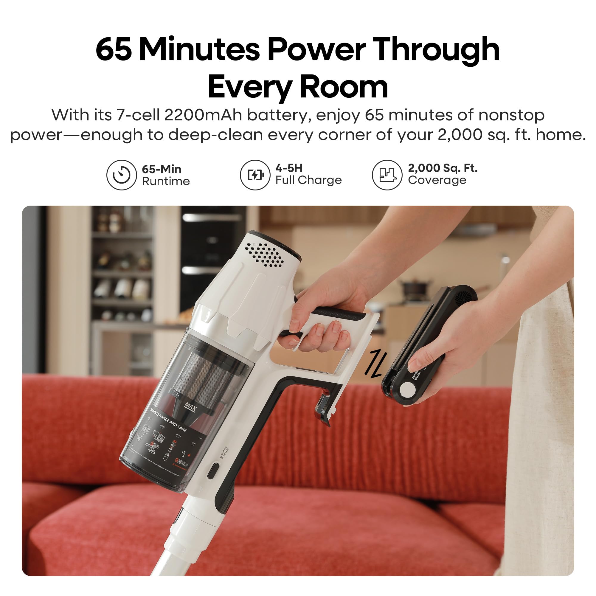 ElecKeys Cordless Vacuum Cleaner, 580W 48KPA 65Mins Vacuum Cleaners for Home,K20