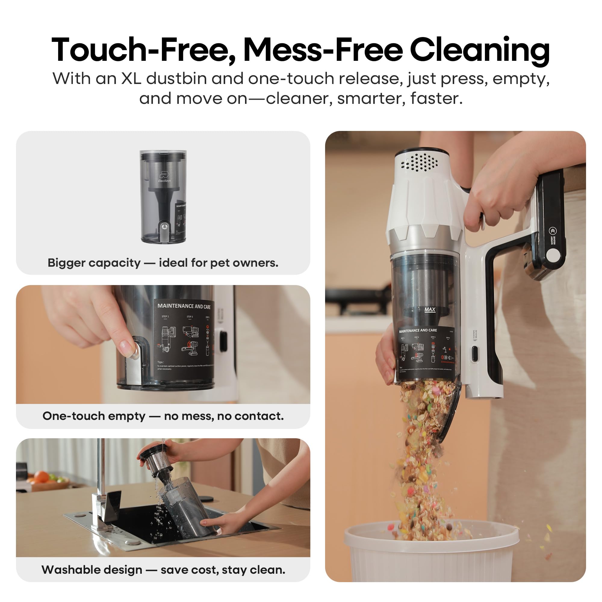 ElecKeys Cordless Vacuum Cleaner, 580W 48KPA 65Mins Vacuum Cleaners for Home,K20