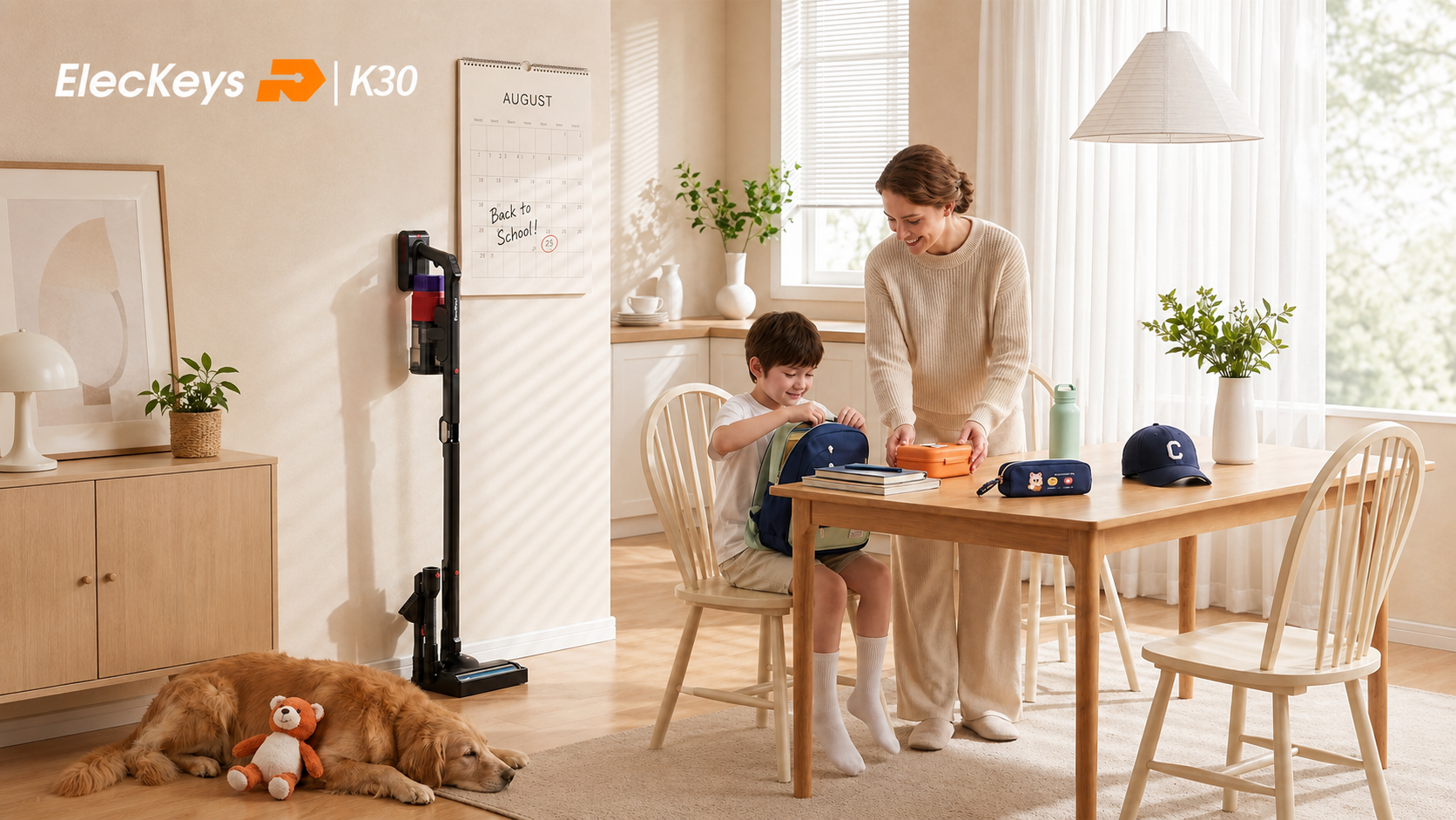 ElecKeys K30 stick vacuum in a cozy home: mother & son prep school bags at table, golden retriever resting, “Back to School” calendar, warm sunlight.