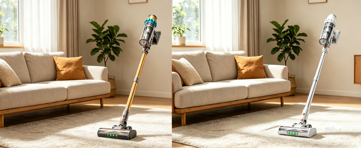 ElecKeys cordless vacuum cleaner in two color variations (gold and white), featuring LED brush head, lightweight stick design, ideal for carpet and hard floor cleaning in modern homes.