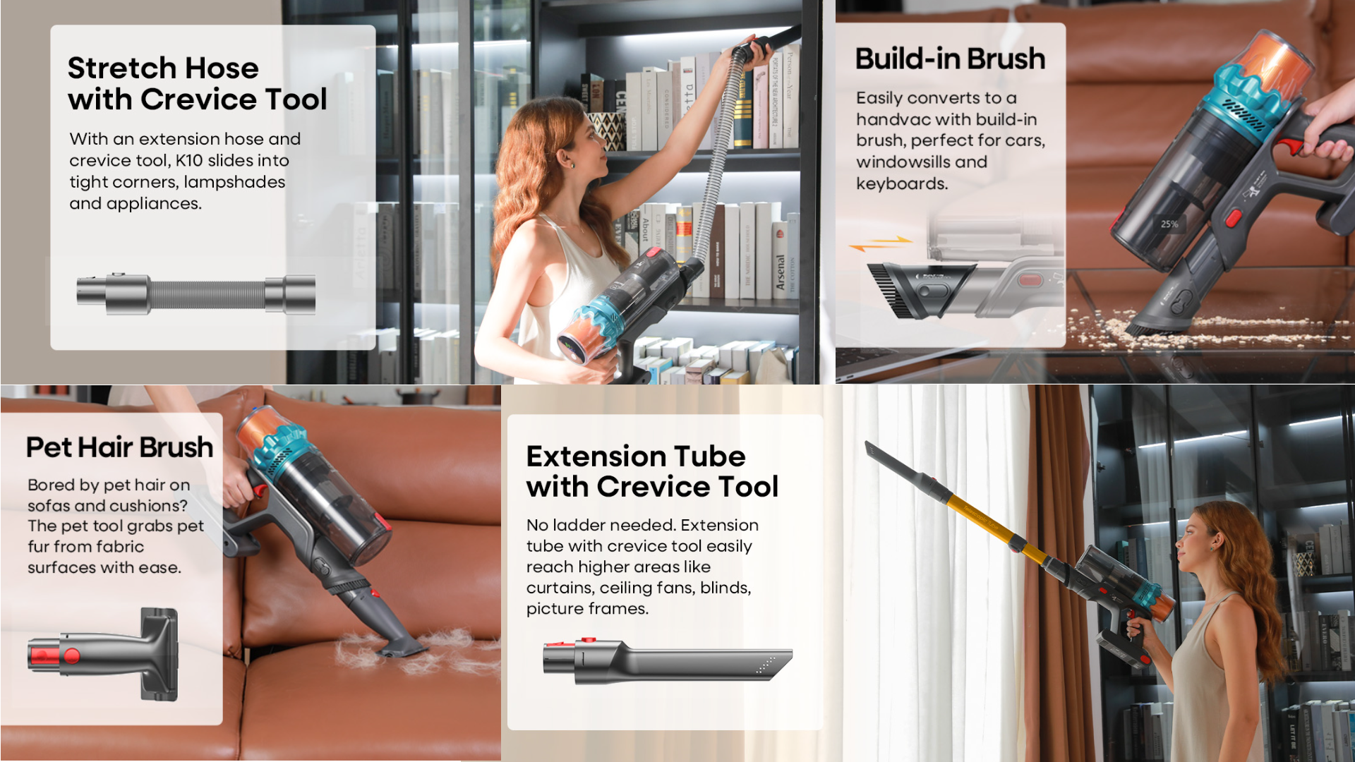 Powerful ElecKeys K10 cordless vacuum cleaner with 4 attachments: extension tube crevice tool, stretch hose crevice tool, pet hair brush, and build-in brush. Perfect for cleaning high areas, shelves, pet hair, and debris, ideal for home and pet owners.