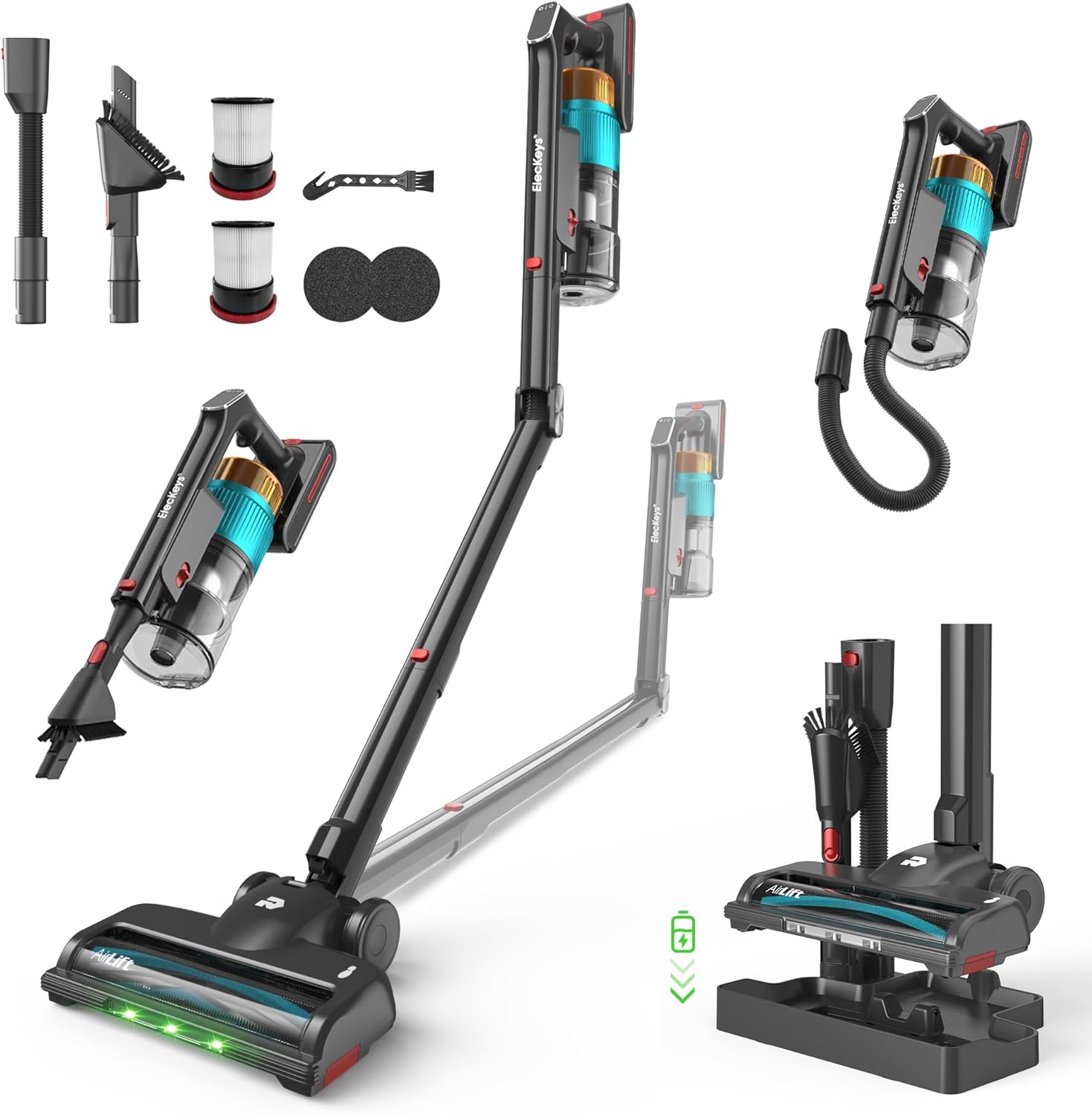 ElecKeys K30 650W Cordless Vacuum Cleaner,55KPa Lightweight Vacuum Cleaners withCharging Dock