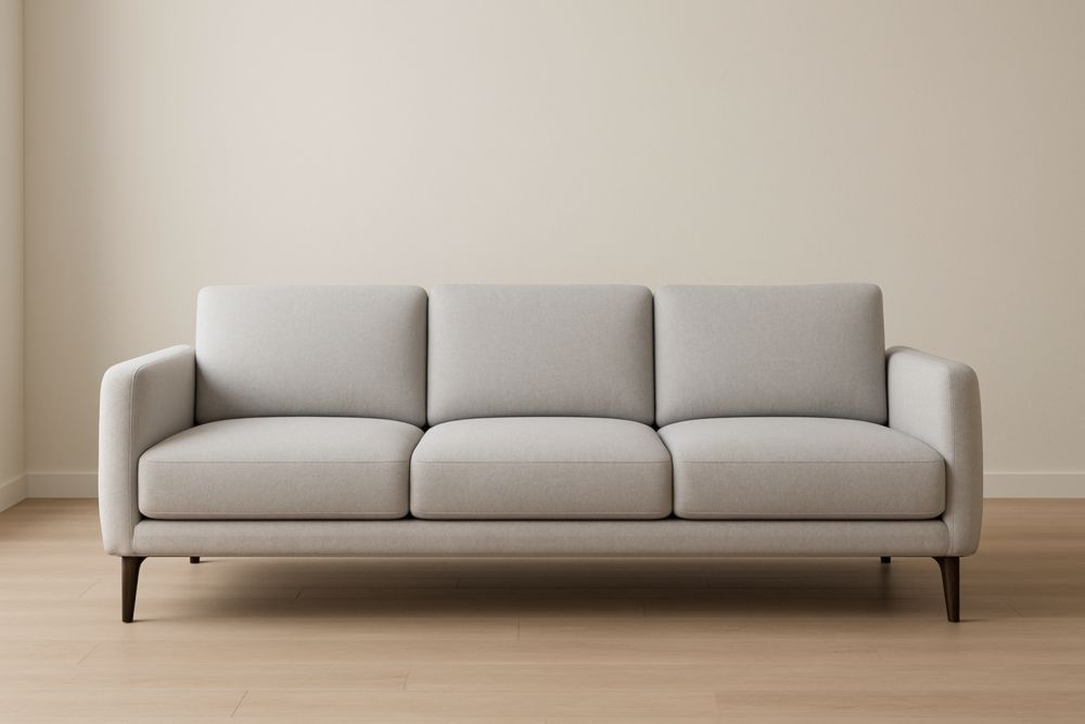 Canapé trois places tissu polyester gris clair pieds bois 210x90x85 cm