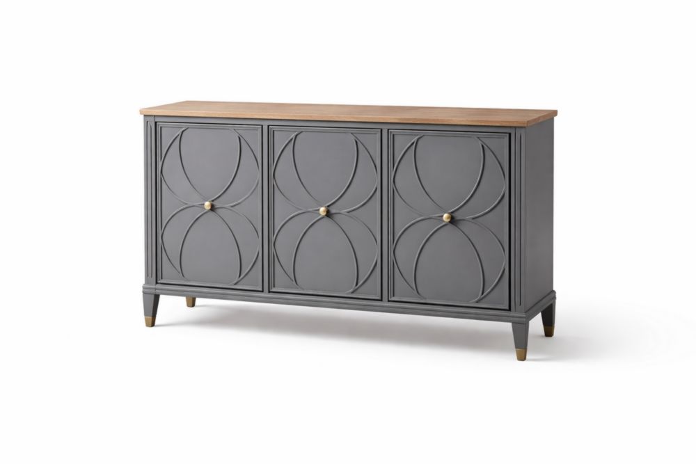 Buffet 3 portes en MDF Gris avec Plateau en Chêne
