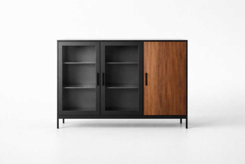 Buffet en acier noir et bois de noyer avec portes en verre