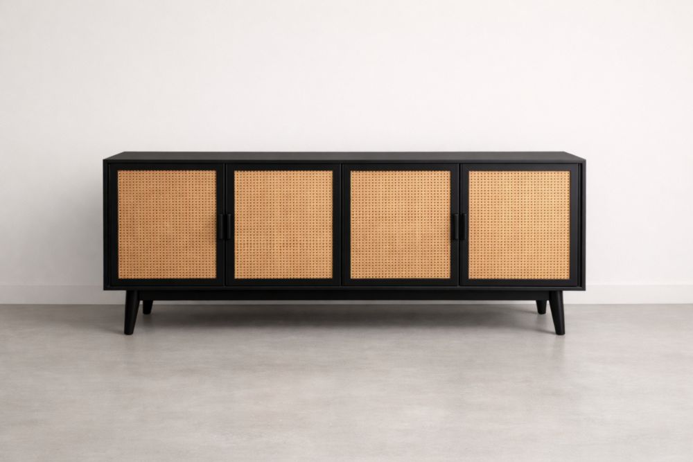 Buffet en bois massif et rotin noir 180x45x75 cm(L×l×H)