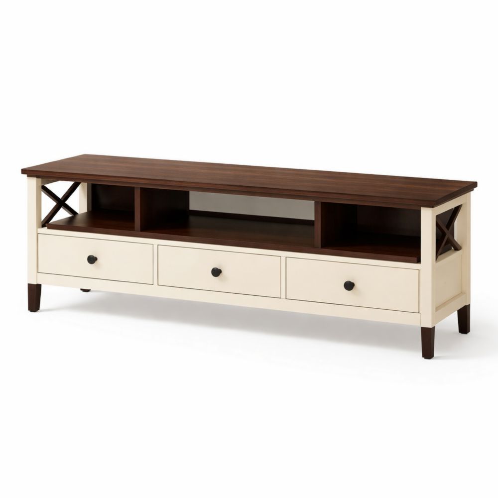 Meuble TV en Bois Massif Crème et Noyer avec 3 Tiroirs