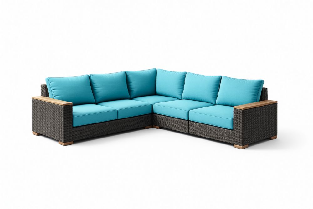 Canapé d'angle en résine tressée et coussins en polyester turquoise