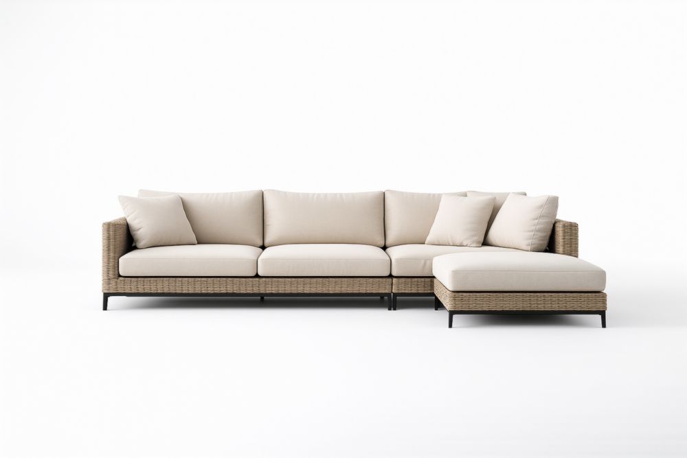 Canapé d'angle en rotin synthétique beige avec coussins en polyester