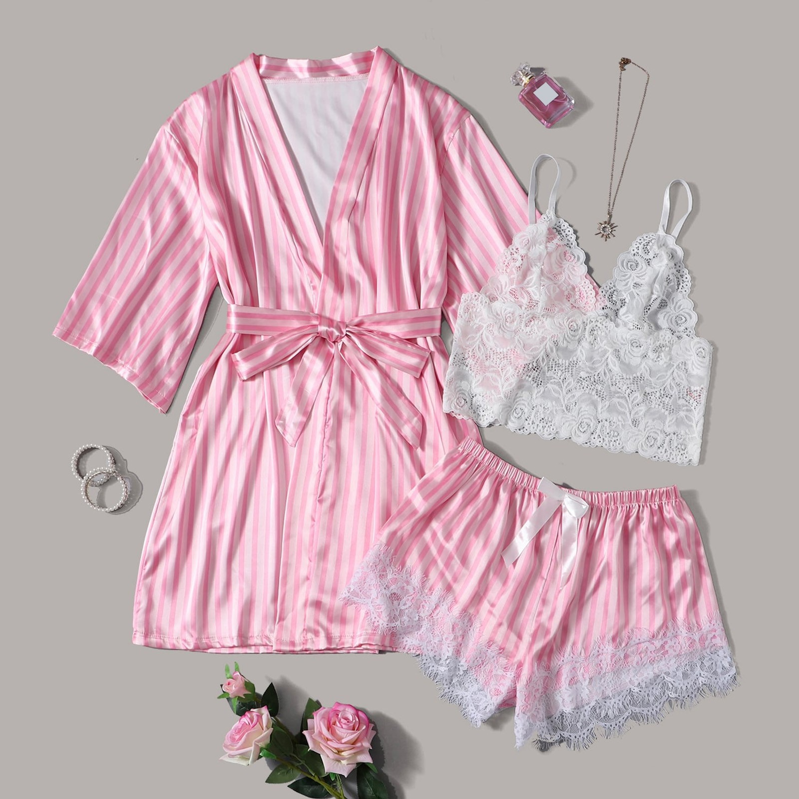 💕Women's Satin Lace Loungewear Set with Robe – 4 Pieces🎀
