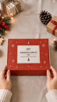 Hand-embroidered Christmas tree greeting card standing on a warm wooden table