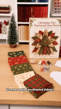 Quilted Christmas tree door hanging with ribbons on a white door