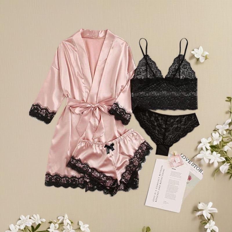 💕Women's Satin Lace Loungewear Set with Robe – 4 Pieces🎀