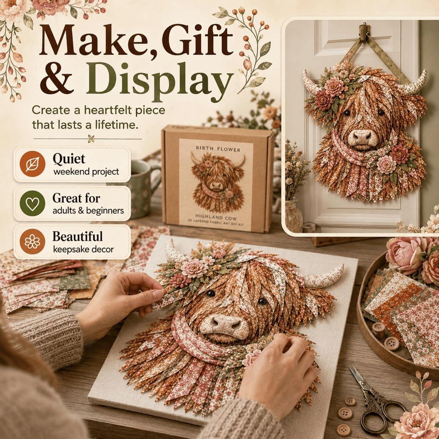 🐮💐🌸 Birth Flower Highland Cow 3D Layered Fabric Art DIY Kit (Beginner-friendly)