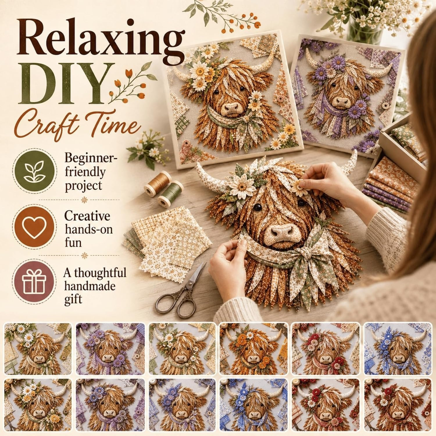 🐮💐🌸 Birth Flower Highland Cow 3D Layered Fabric Art DIY Kit (Beginner-friendly)