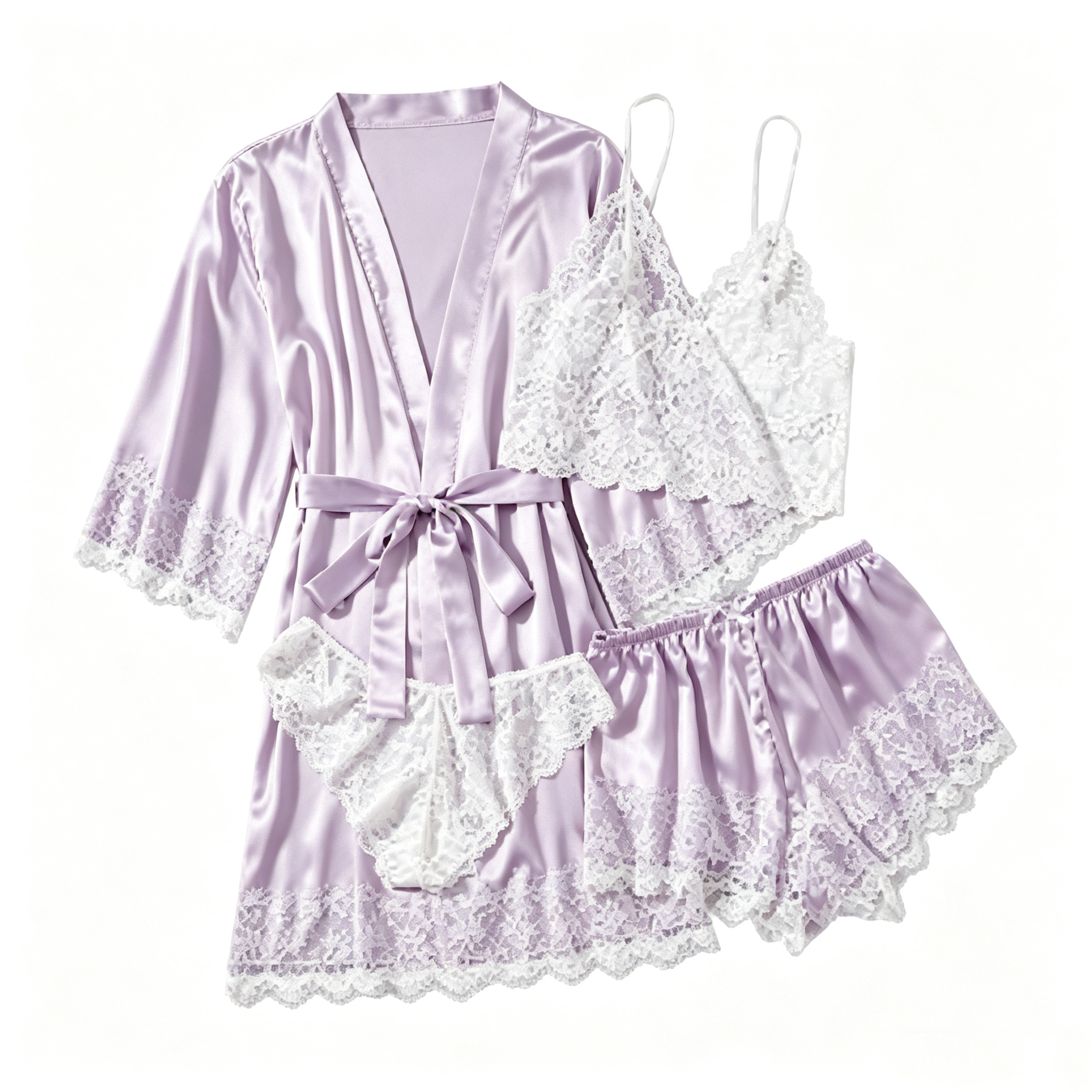 💕Women's Satin Lace Loungewear Set with Robe – 4 Pieces🎀