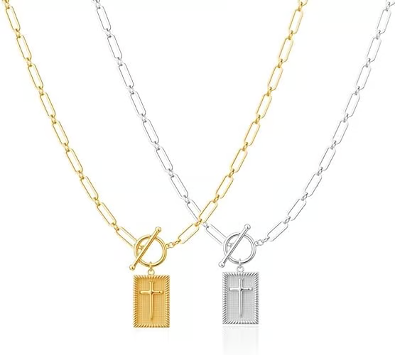 ✝️Cross Pendant Paperclip Chain Necklace, 14K Gold & Silver Plated, Unisex, Waterproof and Sweat-Resistant, Fade-Proof