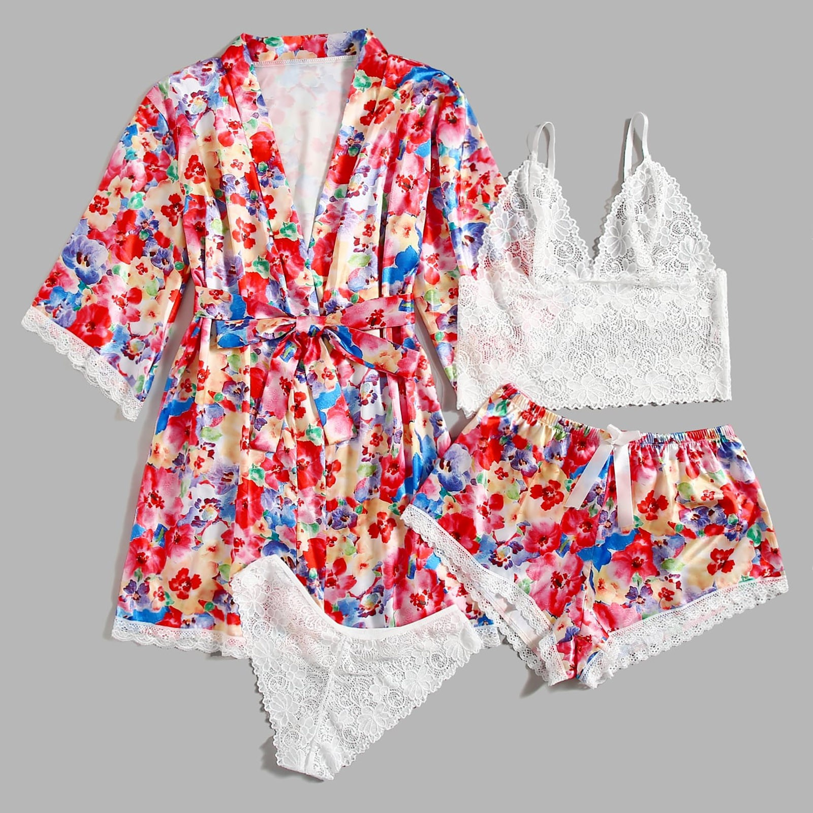 💕Women's Satin Lace Loungewear Set with Robe – 4 Pieces🎀