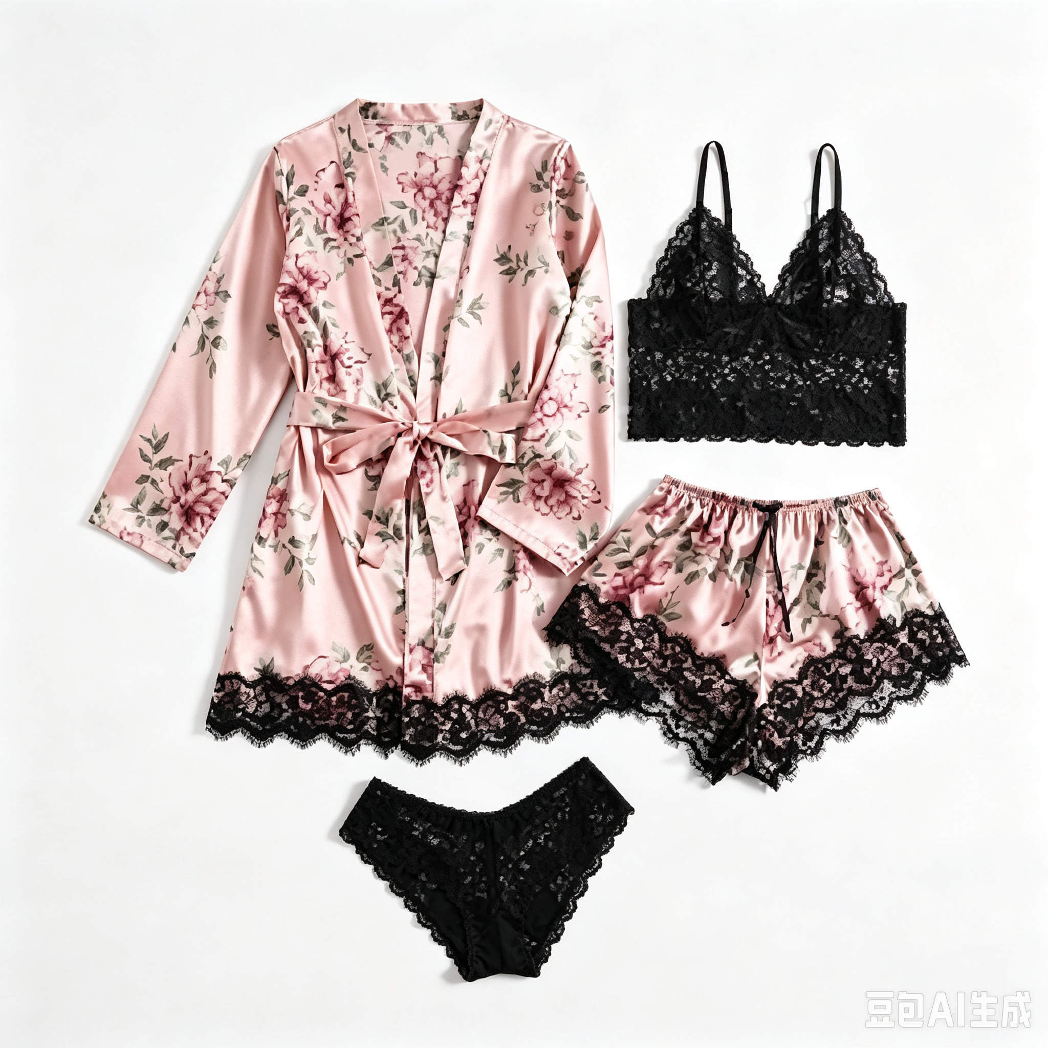 💕Women's Satin Lace Loungewear Set with Robe – 4 Pieces🎀