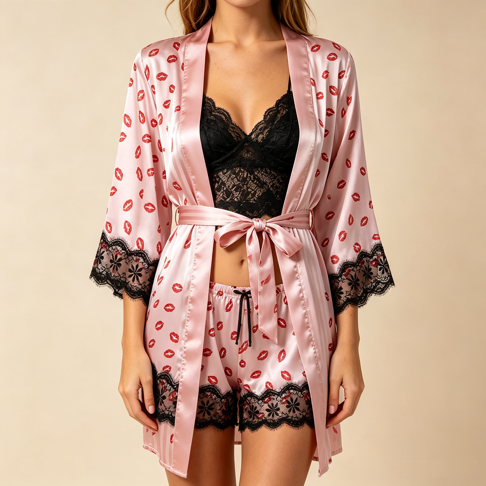 💕Women's Satin Lace Loungewear Set with Robe – 4 Pieces🎀