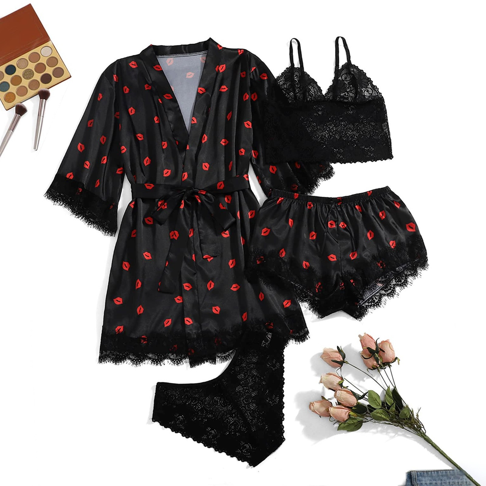 💕Women's Satin Lace Loungewear Set with Robe – 4 Pieces🎀