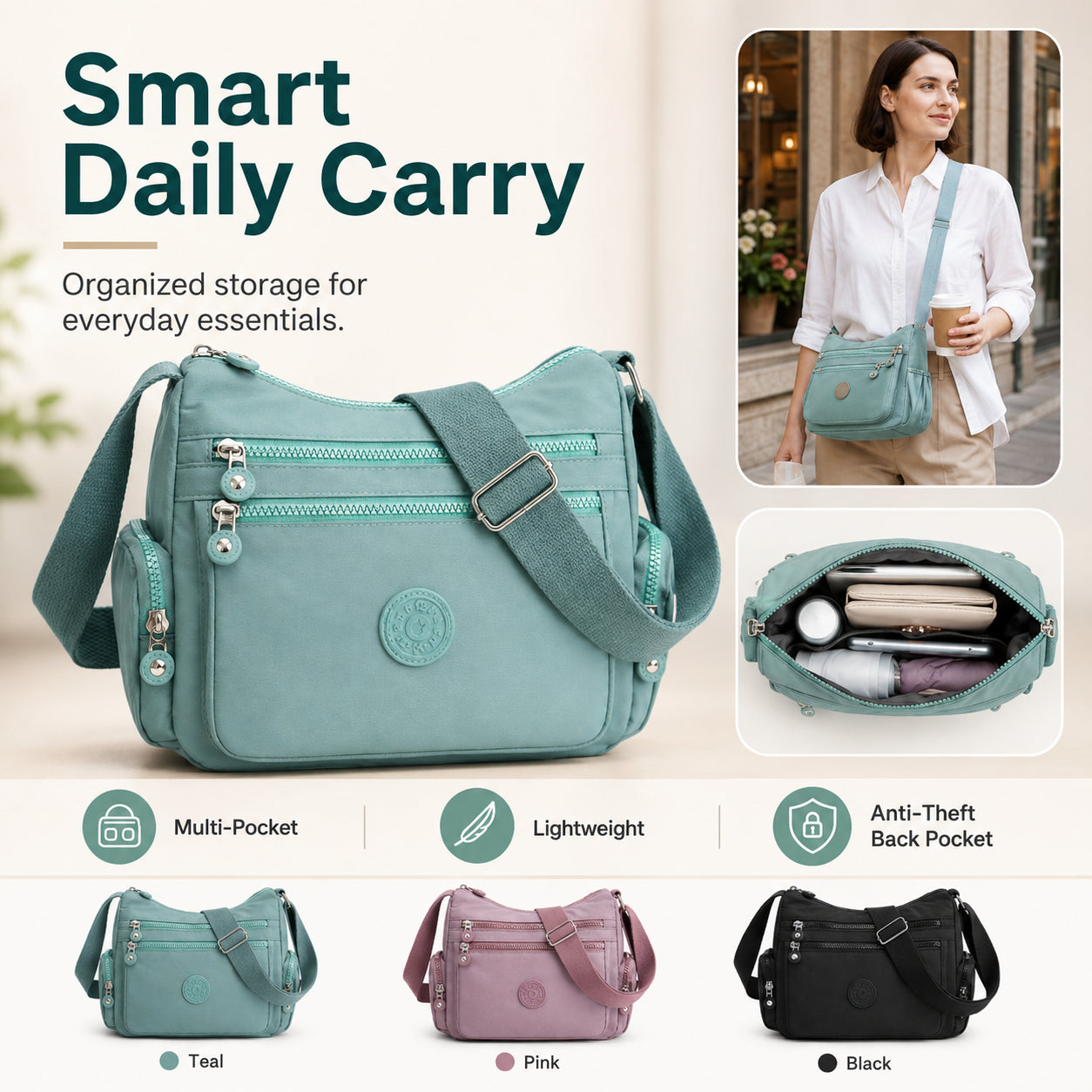 Multi-Pocket Campus Nylon Crossbody Bag