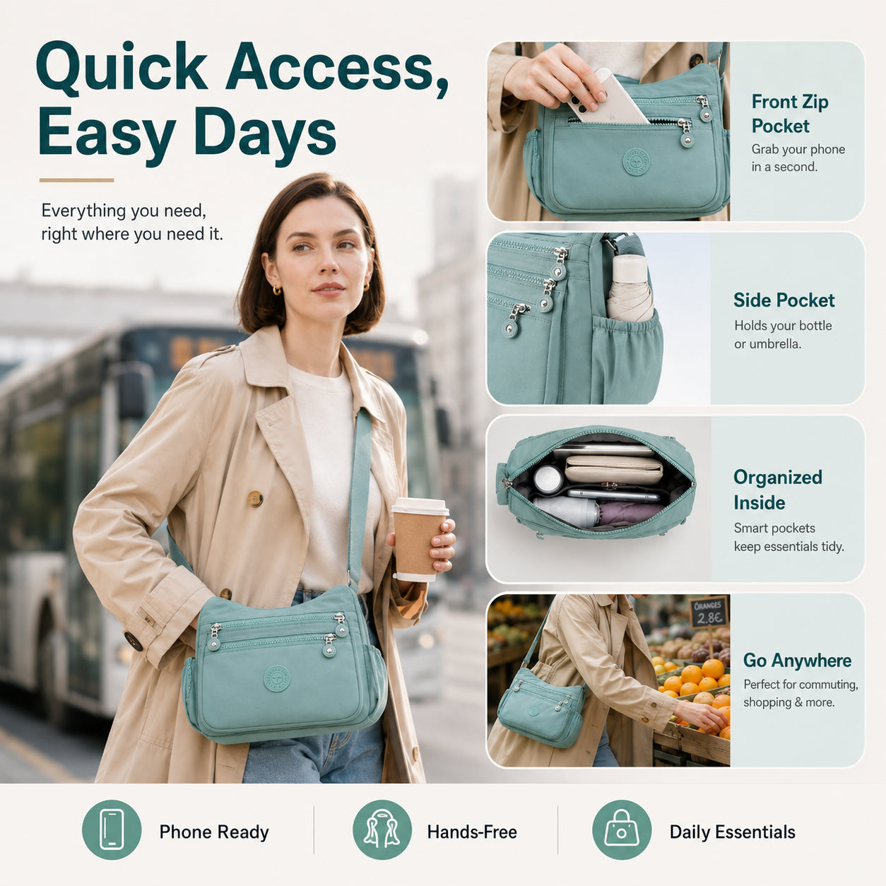 Multi-Pocket Campus Nylon Crossbody Bag