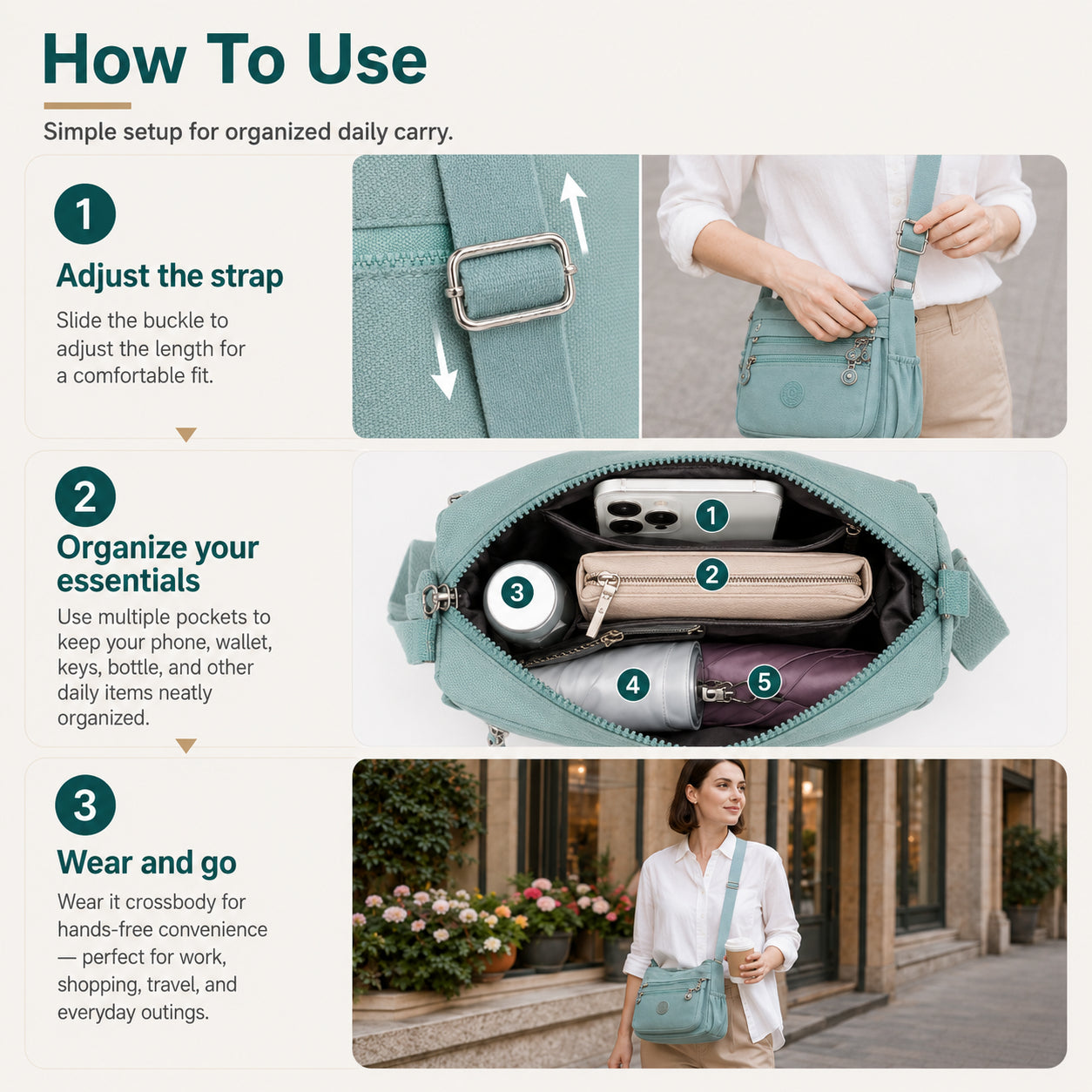 Multi-Pocket Campus Nylon Crossbody Bag