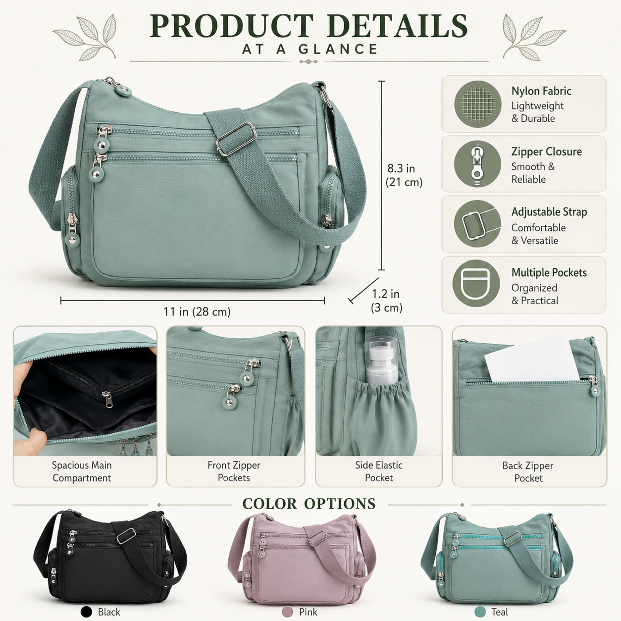 Multi-Pocket Campus Nylon Crossbody Bag