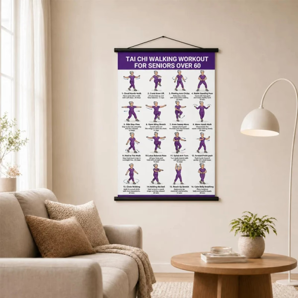 🧓📋 Tai Chi Workout Poster for Seniors – 16 illustrated exercises, standing or seated, large text – easy to follow. 💪