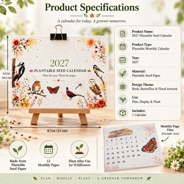 2027 Plantable Seed Calendar – Nature-Inspired Monthly Calendar with Seed Paper Pages