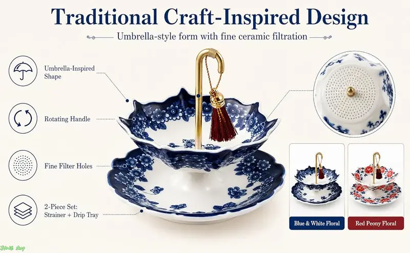 Umbrella-Style Tea Strainer Set: Ceramic tea strainer featuring a creative rotating umbrella-shaped top and a copper handle — an accessory for Gongfu tea ceremony.