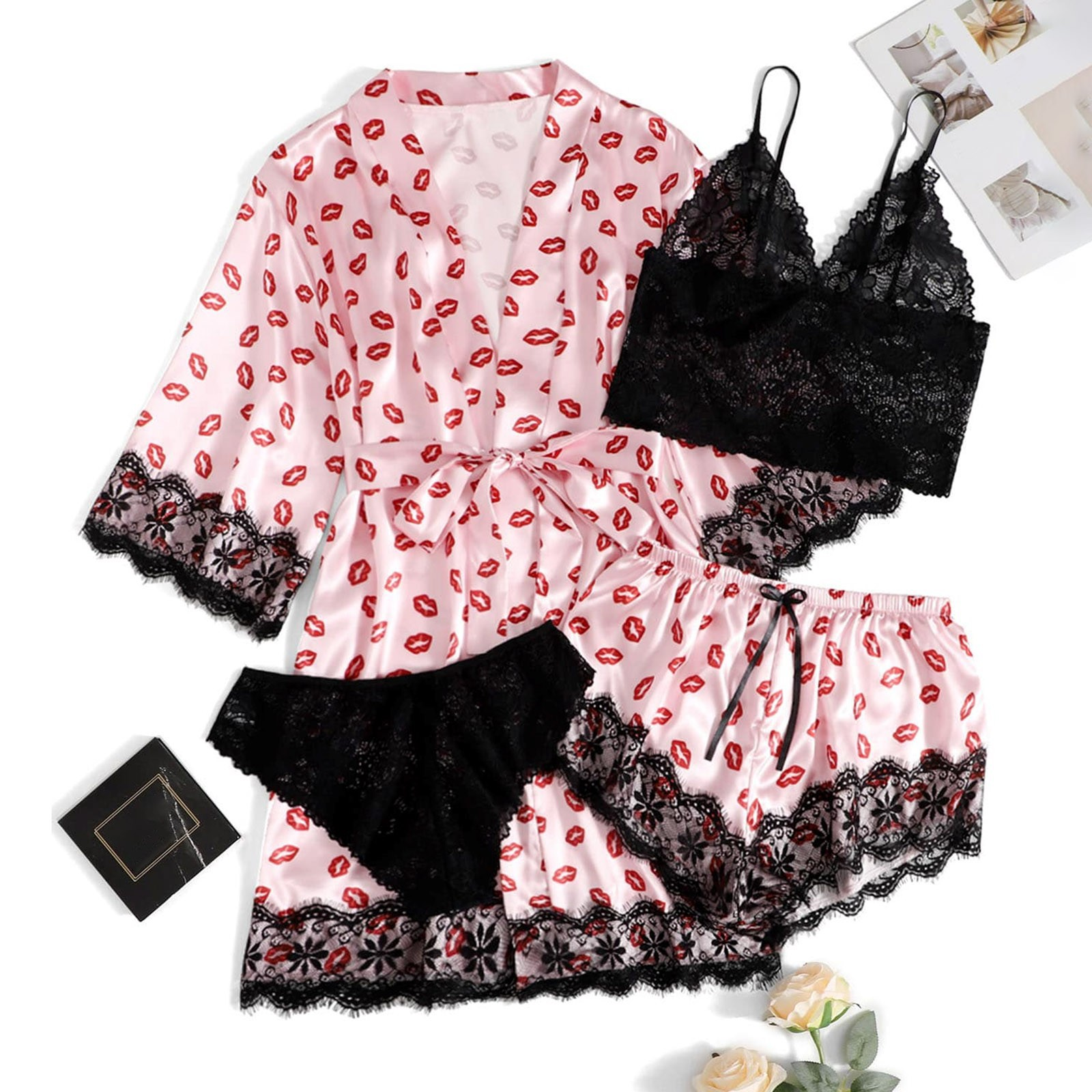 💕Women's Satin Lace Loungewear Set with Robe – 4 Pieces🎀