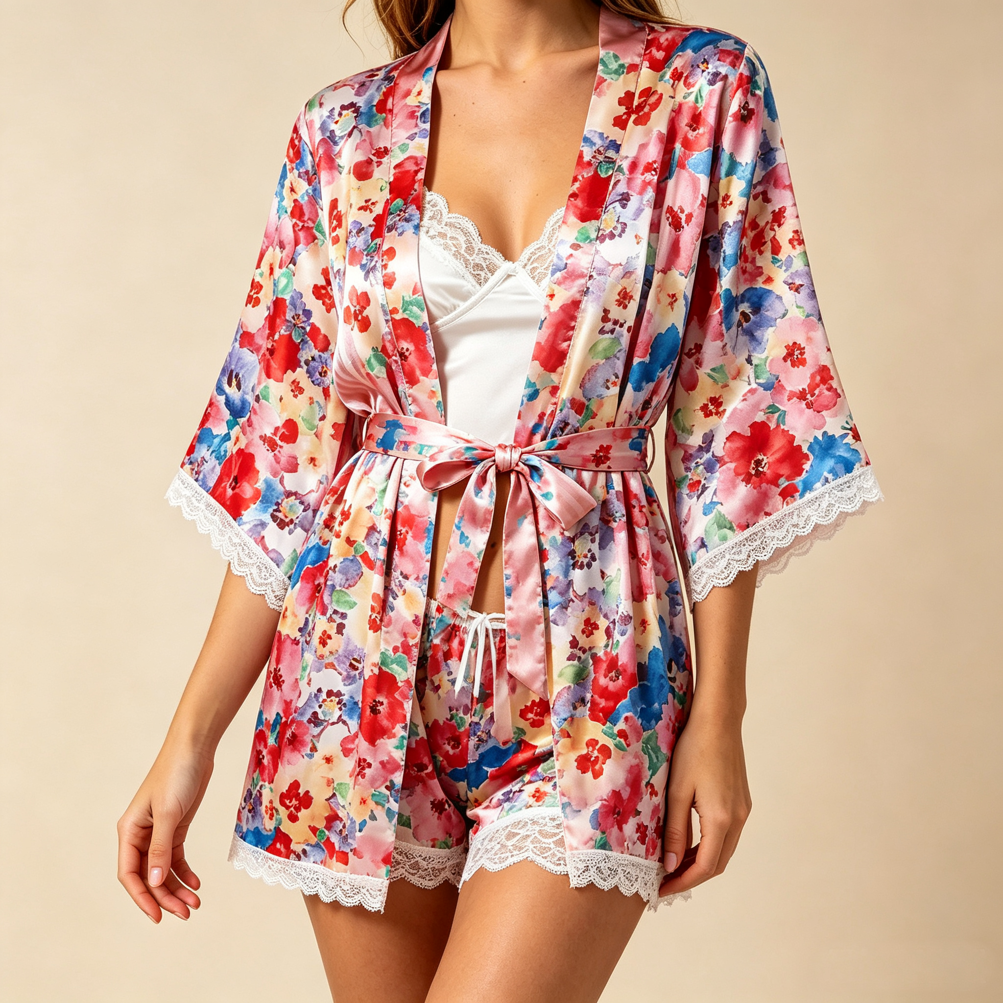 💕Women's Satin Lace Loungewear Set with Robe – 4 Pieces🎀
