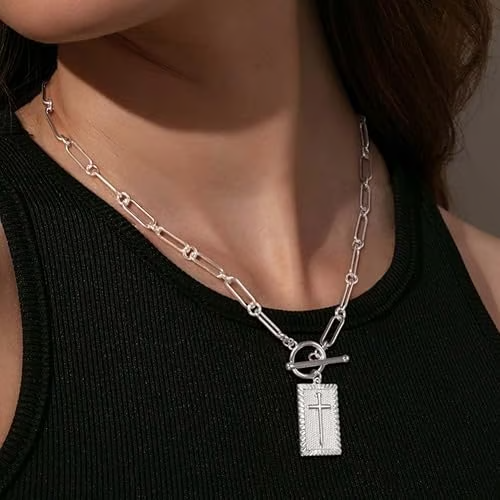 ✝️Cross Pendant Paperclip Chain Necklace, 14K Gold & Silver Plated, Unisex, Waterproof and Sweat-Resistant, Fade-Proof