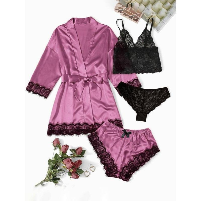 💕Women's Satin Lace Loungewear Set with Robe – 4 Pieces🎀