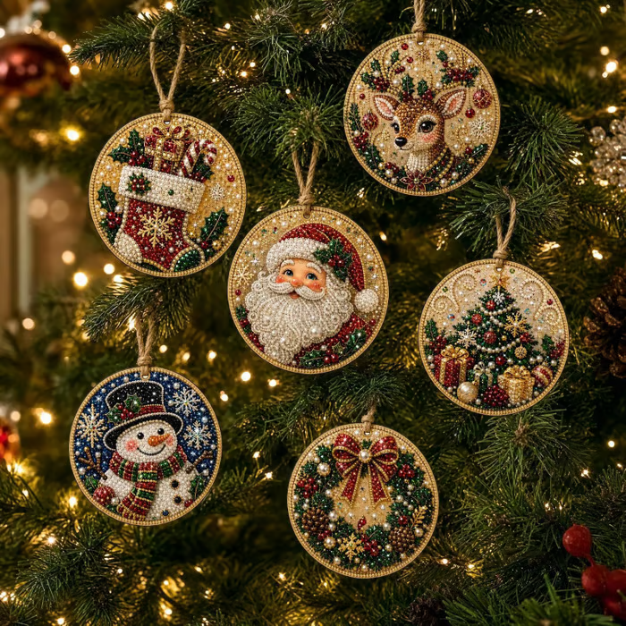 Christmas DIY Diamond Painting Ornaments Kit (6-Piece) – Xmas Tree Hanging Craft Decoration